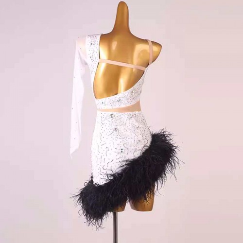 White with black feather competition latin dance dresses for women girls slant neck rumba salsa ballroom chacha dance wear for girls